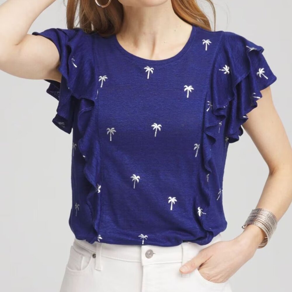 Chico's Foiled Flutter Sleeve Linen Tee Navy Palm Trees Embroidered NWT 12 14